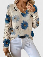 Women's V-Neck Knit Sweater | Breathable Printed Openwork Top 6