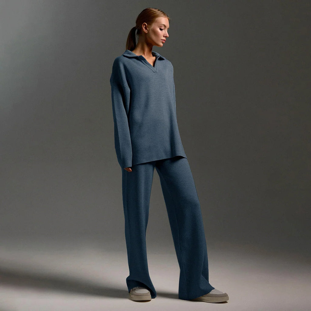Women's Wide Leg Trousers with Relaxed Polo Shirt Set 2