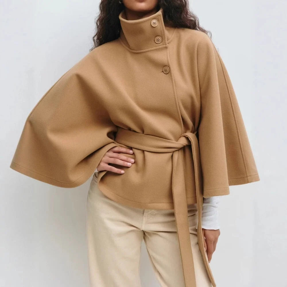 Women's Winter Coat | High Collar Cape Coat with Adjustable Belt 0