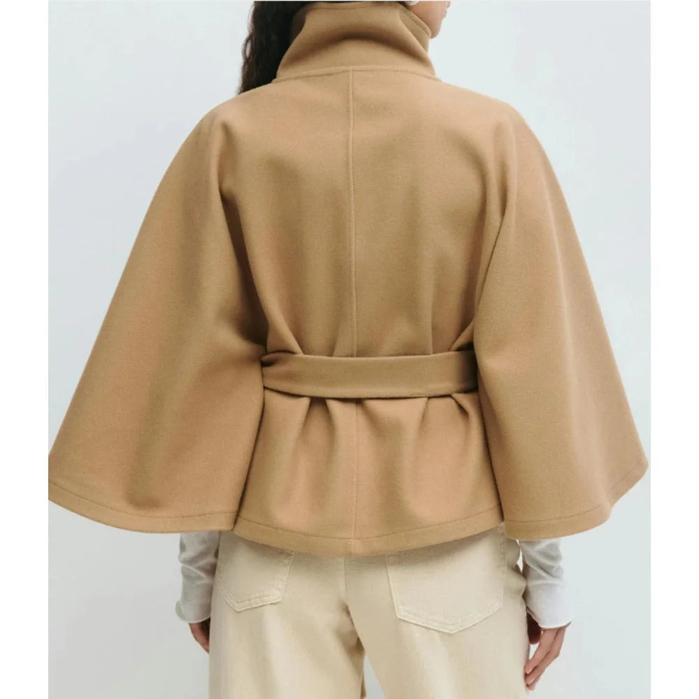 Women's Winter Coat | High Collar Cape Coat with Adjustable Belt 1