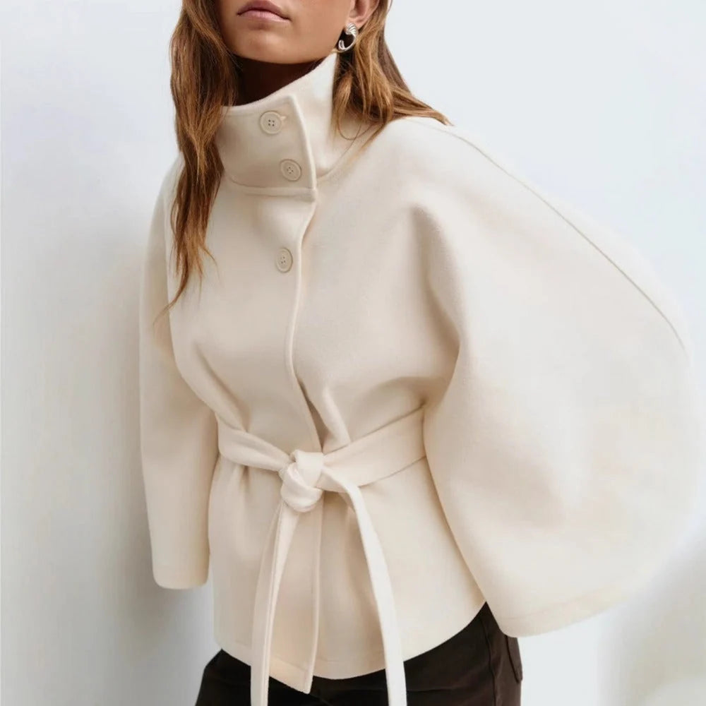 Women's Winter Coat | High Collar Cape Coat with Adjustable Belt 2