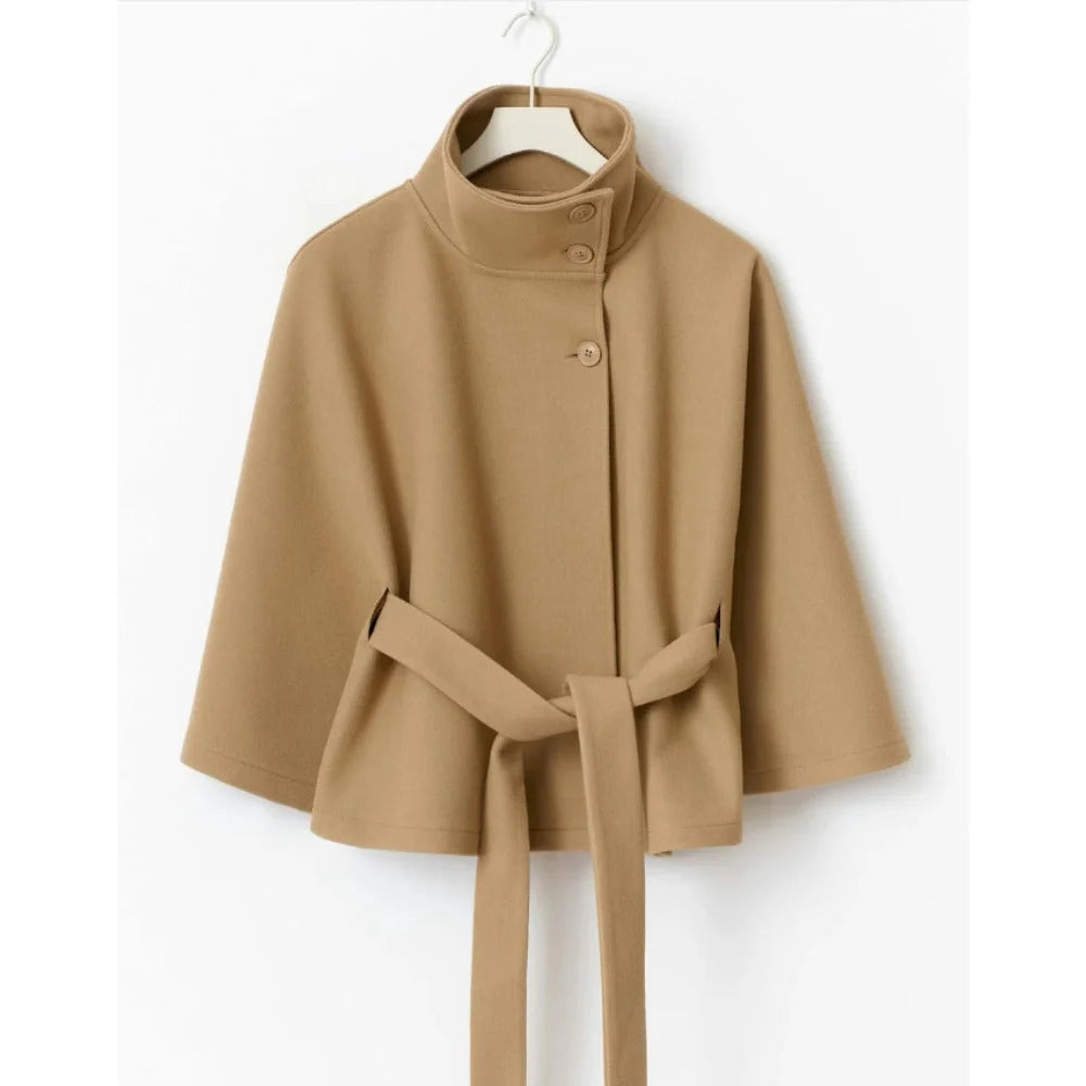 Women's Winter Coat | High Collar Cape Coat with Adjustable Belt 6