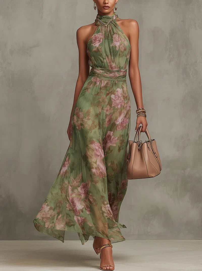 Womens Dress | Floral Summer Wedding Guest Dresses Halter Neck 0