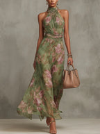 Womens Dress | Floral Summer Wedding Guest Dresses Halter Neck 0