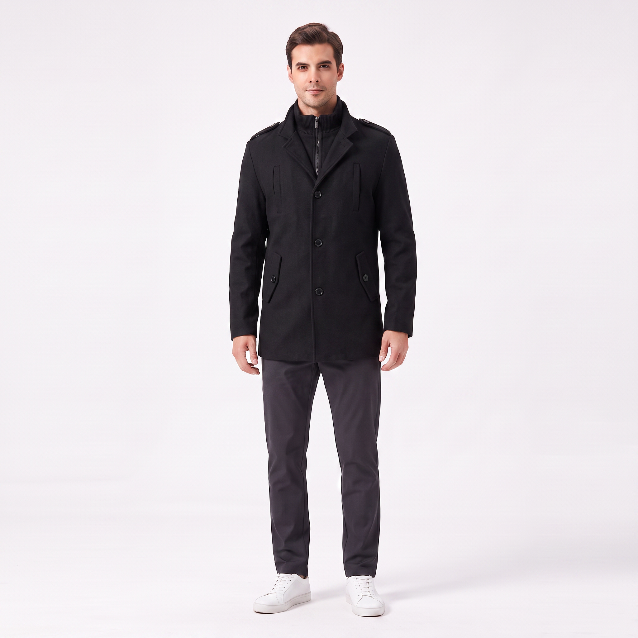 Men's Wool Mid-Length Jacket | Stylish Zip Closure Coat
