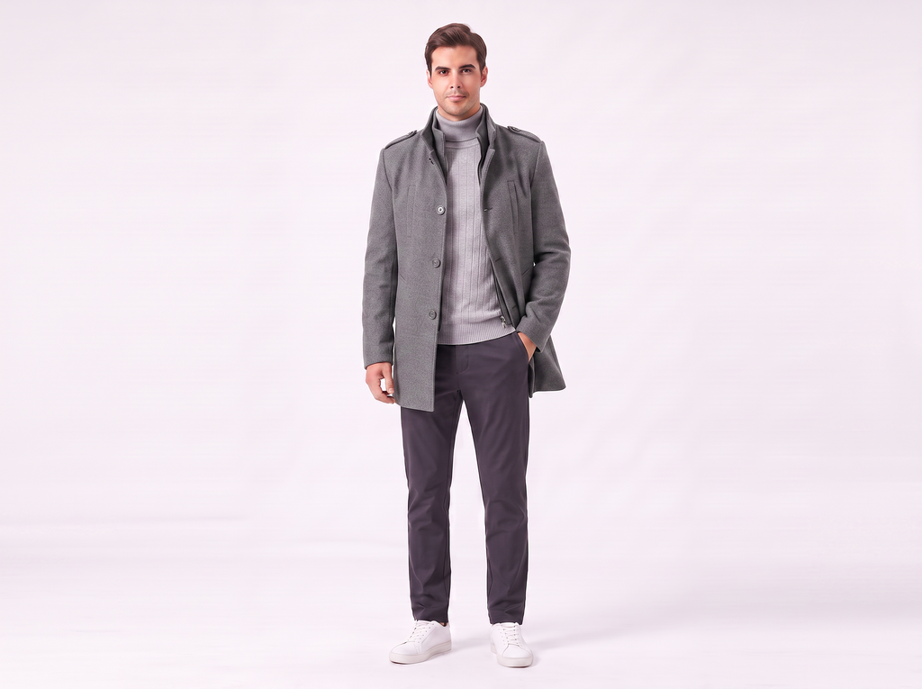 Men's Wool Mid-Length Jacket | Stylish Zip Closure Coat