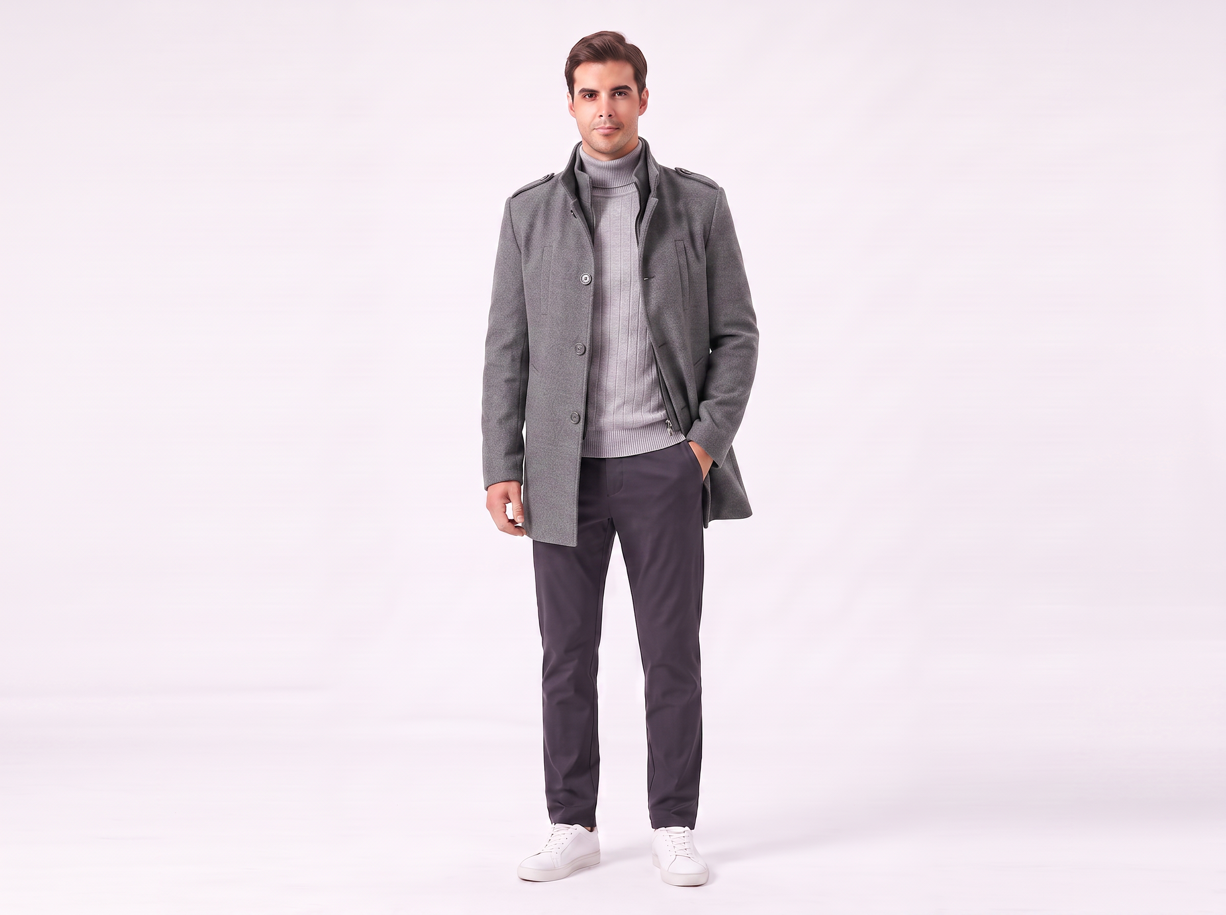 Men's Wool Mid-Length Jacket | Stylish Zip Closure Coat