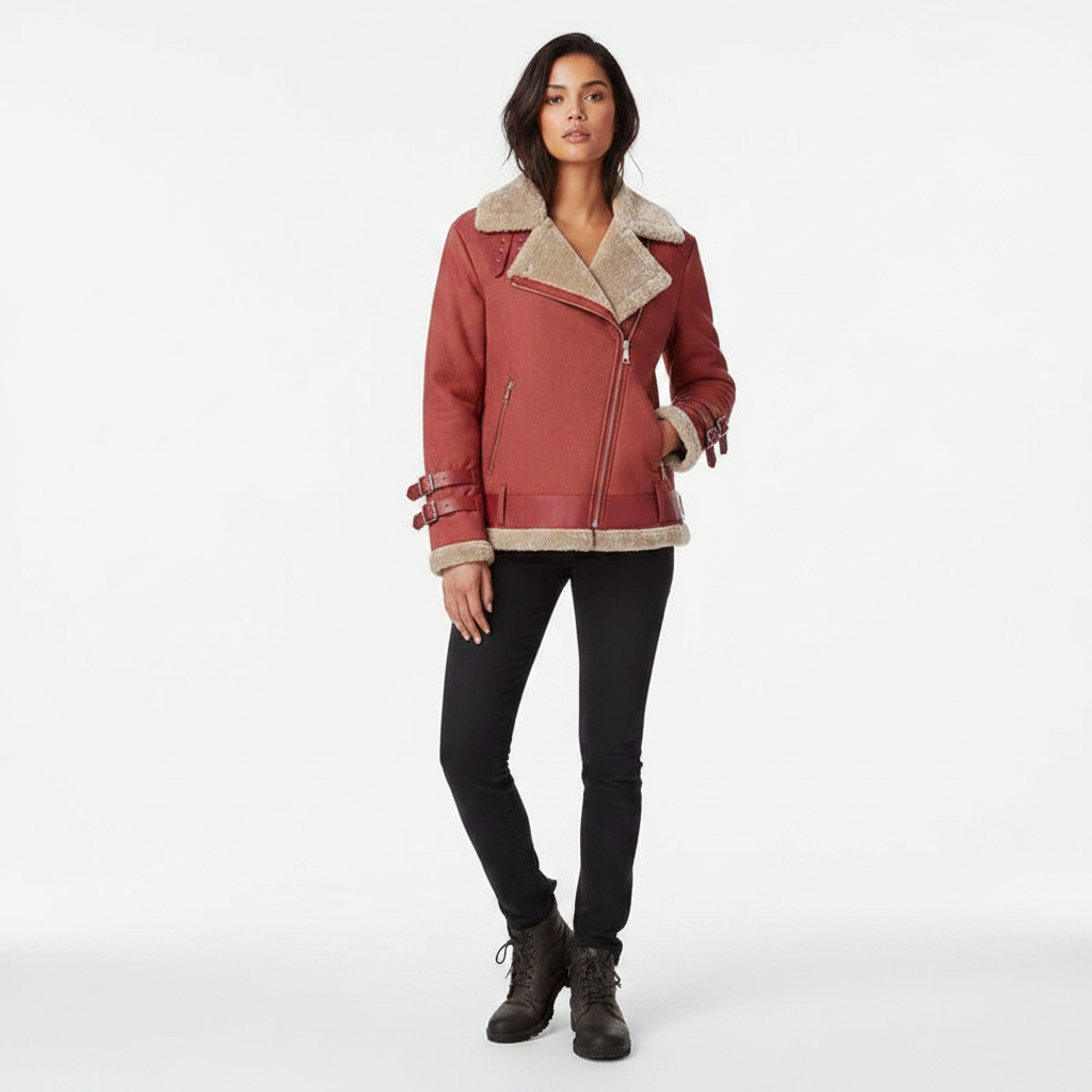 Women's Coat | Deerskin Moto Jacket with Lamb-Wool Lining for Winter