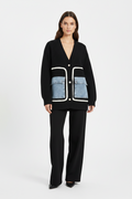 Women's Long Knitted Cardigan Sweater with Denim Pocket Details