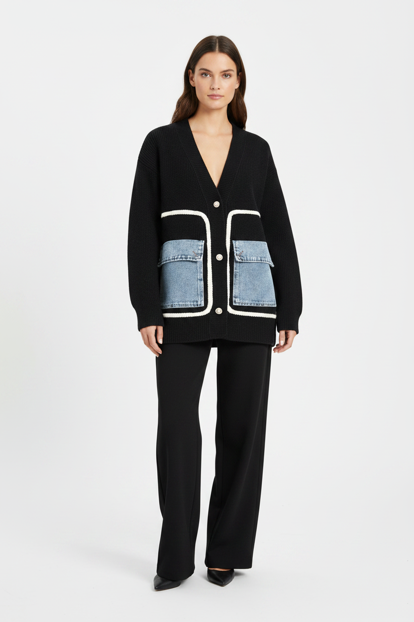 Women's Long Knitted Cardigan Sweater with Denim Pocket Details